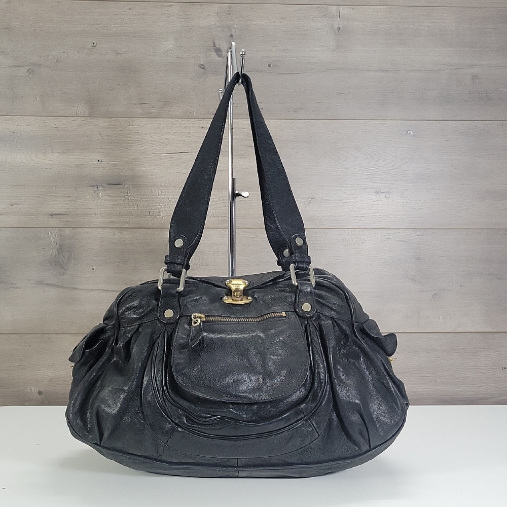 Abaco Black Leather Shoulder Bag with Gold Hardware